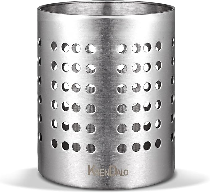 KSENDALO SUS304 Small Stainless Steel Utensil Holder for Countertop, Silver | 18/8 Stainless Silverware Utensil Drying Rack, Sturdy Rust Resistant, 5.32inch Tall, Dishwasher Safe