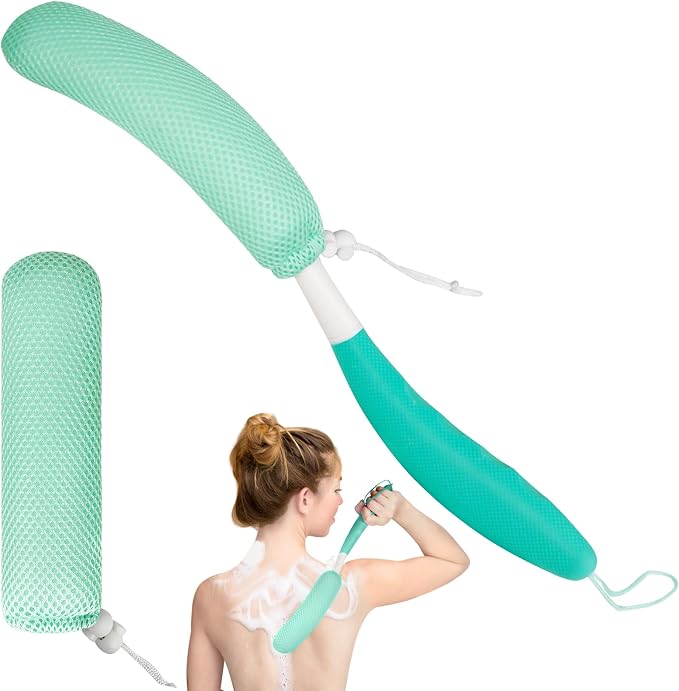 Back Scrubber for Shower, 15.35" Long Handle Shower Brush for Body, Back Brush for Shower for Men Women, Long Handled Bath Sponge for Deep Clean, Exfoliating, Anti-Slip Curve Handled Back Scrubber