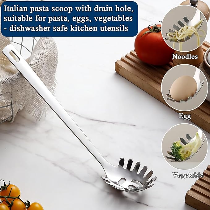 Berglander Kitchen Ladle Spoon and Spaghetti Spoon Set 2 pieces, Pasta Spoon Stainless Steel Kitchen Utensils for Cooking, Stirring, Serving Spaghetti, Soup, Sauce, Dishwasher Safe