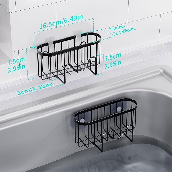 HapiRm Multifunctional Sponge Holder with Unique M-shaped, Two Installation Methods Kitchen Sink Organizer, Rustproof Stainless Steel Sink Caddy -Black（2-pack）
