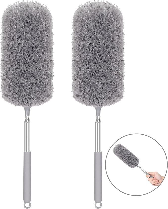 2 Pack Microfiber Duster for Cleaning, Washable Hand Dusters with Extendable Pole, Cleaning Supplies for Office, Car, Furniture, Ceiling Fan