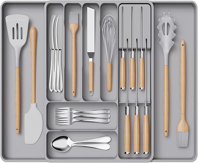 Lifewit Silverware Organizer for Kitchen Drawers, Expandable Utensil Tray with Removable Knife Block, Adjustable Cutlery and Flatware Holder, Plastic Spoon Forks Holder Storage Divider, Gray