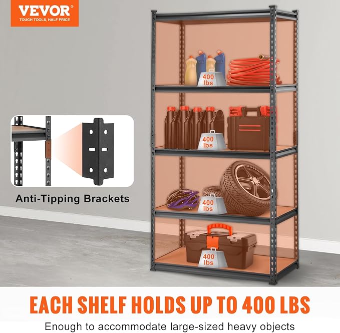 VEVOR Storage Shelves 5-Tier Adjustable 2000 lbs 36"x18"x72" Shelving Unit | Heavy Duty Garage Storage Metal Utility Rack Shelf for Kitchen, Pantry, Basement, Bathroom, Laundry, Living Room, Warehouse
