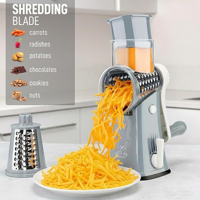 Zulay Kitchen Rotary Cheese Grater 5 Blade Cheese Shredder - Manual Hand Crank Cheese Grater With Reinforced Suction & 5 Interchangeable Drums - Easy to Use, Vegetable Chopper Round Mandoline Slicer