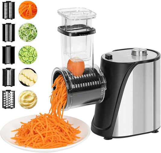 5-in-1 Electric Vegetables Chopper, 250W Cheese Grater Salad Shooter with 5 Different Blades, Kitchen Food Processor Cutter Slicer for Carrots, Potatoes, Nuts, Crackers, Salad Prep