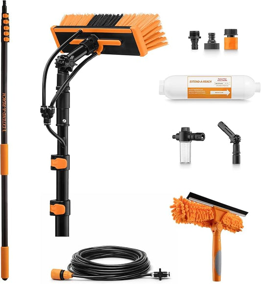 5-24 ft Water Fed Pole Window Cleaning System // Professional Telescopic Solar Panel Cleaning Equipment // Water Fed Brush with Upper Rinse Bar, 10" Squeegee, Water Filter, Soap Dispenser & Water Hose