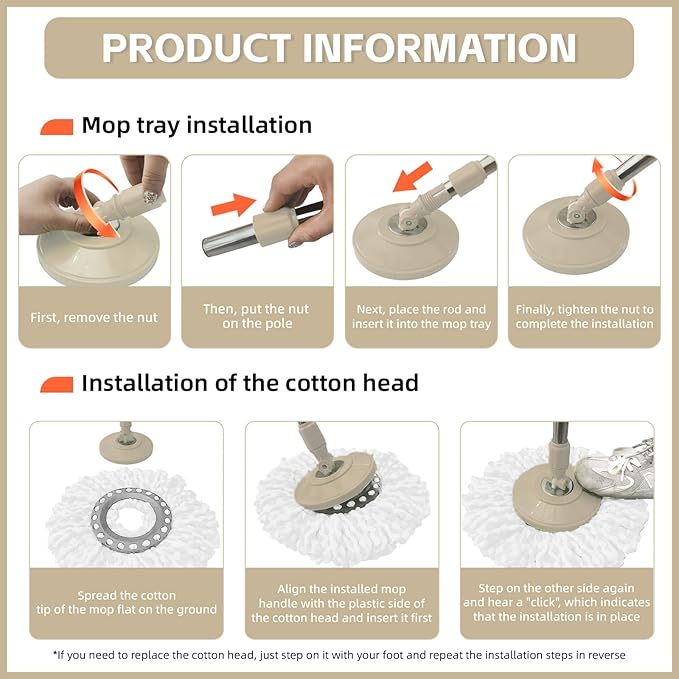 Spin Mop Replacement Handle, 47.6-inch 360 Degrees Rotating Telescopic Replacement Mop Stick with a Robust Stainless Steel Disc for Spin Mop Bucket Cleaning System (Stainless Steel Disc,Khaki)