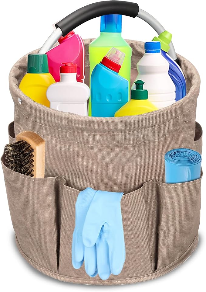mumisuto Wearable Cleaning Caddy，Cleaning Supplies Organizer Foldable Basket Bucket Tool with Handle Cleaning Bag for Cleaning Professionals, Auto Detailers, Housekeepers (Khaki)