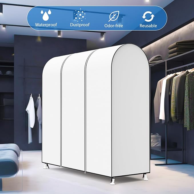 Zilink 60'' Garment Rack Cover Dustproof Clothes Rack Cover Breathable Garment Bags Protector Wardrobe Cover with 2 Durable Zippers for Garment Rack, White (Rack Not Included)