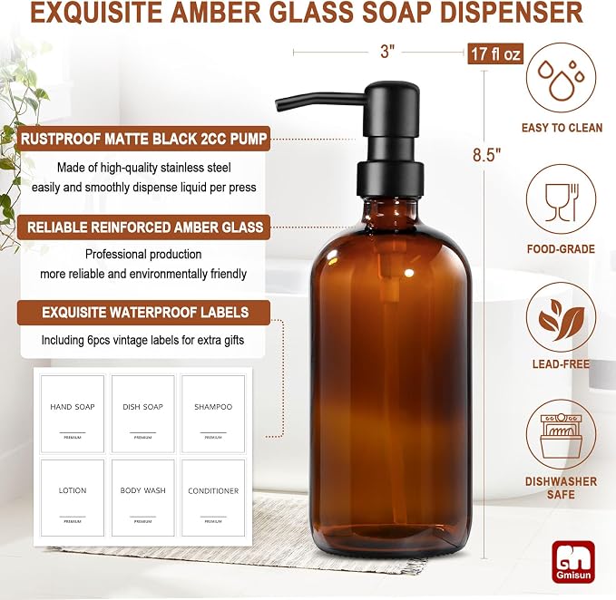 GMISUN Amber Glass Soap Dispenser, 8 Pack Bathroom Hand Soap Dispensers | 17 Fl Oz Kitchen Hand and Dish Soap Dispenser Set with Stainless Steel Pump, Modern Vintage Liquid Brown Soap Bottle