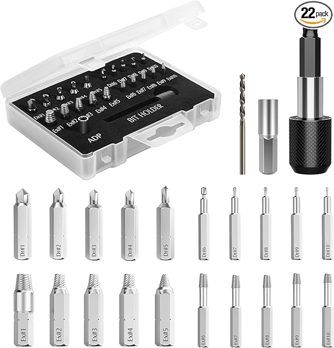 Nuovoware Damaged Screw Extractor Set, 22 PCS Stripped Screw Extractor Kit | All-purpose HSS Broken Screw Remover Set with Magnetic Extension Bit Holder & Socket Adapter, Silver & Black