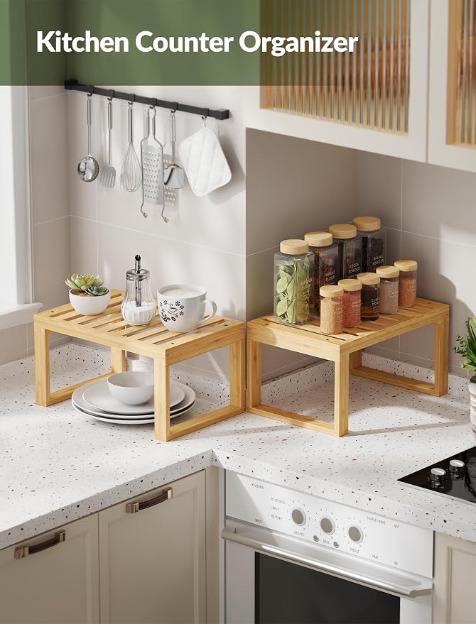 Tomorotec Bamboo Cabinet Organizer Shelf, 2 Pack Stackable Kitchen Counter | Slatted Drainage Top Prevents Water Buildup For Wet Dishes and Bathroom Use Eco Friendly Material Easy Assembly
