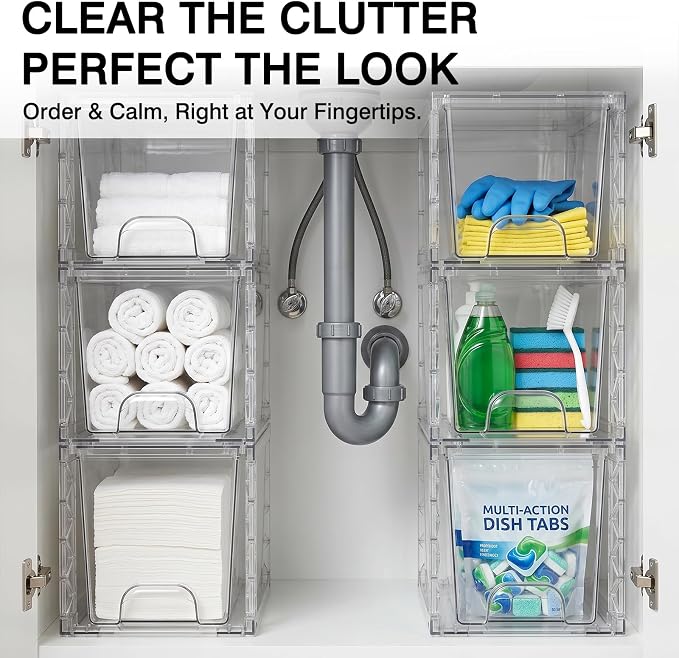 Stackable Storage Drawers 6 Pack 7in Under Bathroom Sink Organizer Boxes
