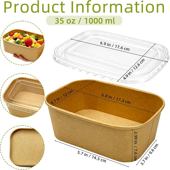 50 Pack Paper Meal Prep Containers with Lids, 35 oz Thicken Disposable and Compostable Take out Food Containers Rectangular to Go Paper Bowls for Leftovers, Salad, Soup, Snack