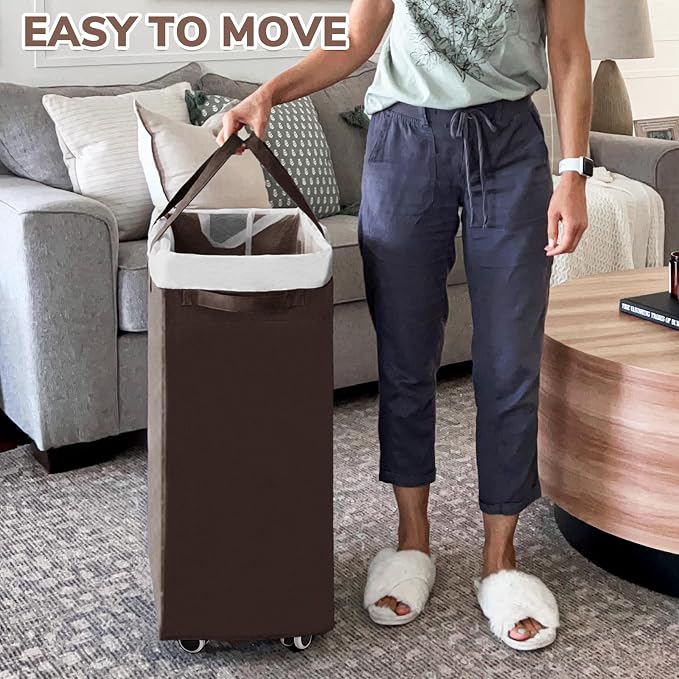 CHICVITA 75L Large Rolling Laundry Basket with Wheels & Wash Bag, Coffee | Clothes hamper for laundry room and living room. Removable wash bag for easy wash-day transpor