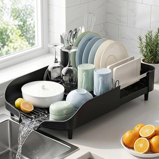 PULIDIKI Dish Drying Rack, Expandable Dish Rack for Kitchen Counter, Stainless Steel Dish Drainer with Utensil Holder, Kitchen Plate Organizer for Cup and Bottle