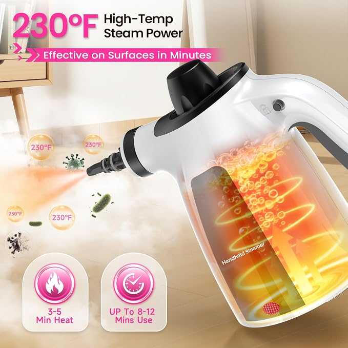 Steam Cleaner, Pressurized Handheld Multi-Surface Natural Steam Cleaner with 12pcs Accessory & Safety Lock, Portable Steamer for Cleaning Home, Kitchen, Bathroom, Car, Upholstery, Grout, Window