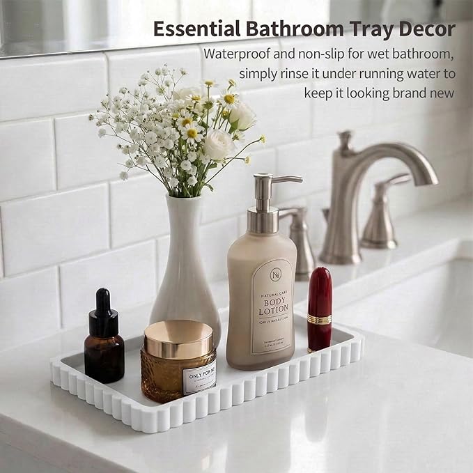 Silicone Bathroom Vanity Tray, Sink Caddy for Dish Soap Dispenser, Sponge Holder for Kitchen Sink, Rectangle Bathroom Countertop Organizer for Perfume, Jewelry, Candle (9.9” * 6”, White)