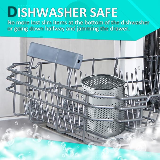 HOME&I Silverware Drying Basket for Dish Rack, Compact Oval SUS 304 Stainless Steel Hanging Utensil Holder, Cutlery Caddy for Kitchen Sink & Countertop