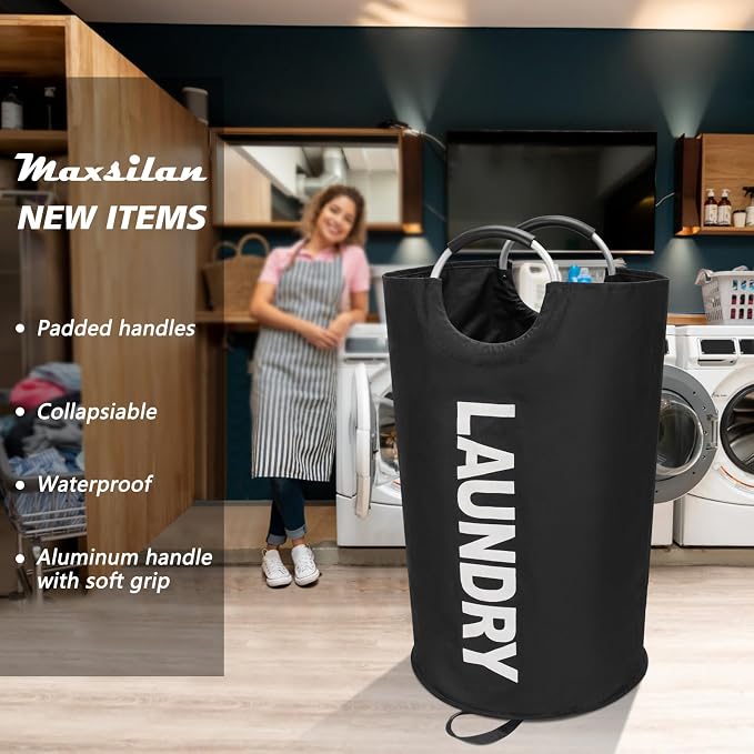 Maxsilan 125L X-Large Laundry Basket Bag, Collapsible Tall Hamper, Black | Freestanding tall laundry bag & foldable washing basket. Extra large clothes storage bin with durable sturdy handles