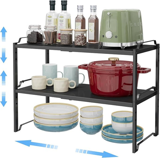 2 Pack 11” Depth Expandable Kitchen Cabinet Organizer Shelves, Metal Kitchen Countertop Organizers and Storage Shelving, Heavy Duty Stackable Storage Rack Shelf For Pantry Cupboard Counter Tabletop