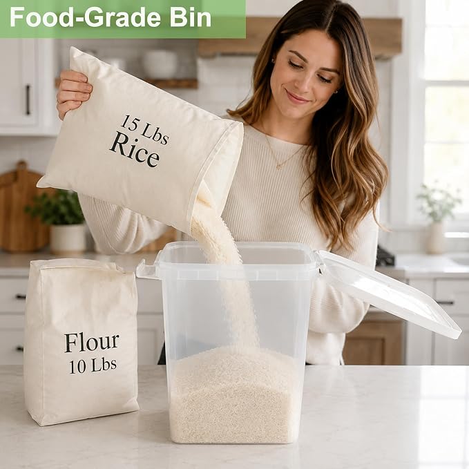 Tight-Lock Rice Container 10-15 Lbs - Airtight Flour Container with Scoop - Food-Grade Plastic Food Storage Container for Cereal, Sugar - Dry Food Dispenser for Kitchen, Pantry Organizers and Storage
