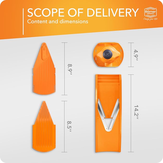 Börner Mandoline Slicer V1 (Basis Set) • V-Slicer with 2 Inserts & Fruit Holder • Adjustable Kitchen Slicer for Vegetables & Fruits • Vegetable Cutter • 3 Thickness Settings • Color: Orange