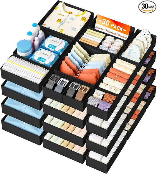 DIMJ Drawer Organizer Clothes - 30 Pack Baby Dresser Organizer for Nursery Closet Organization, Fabric Drawer Organizer Bins for Underwears Socks Bras, Foldable Storage Dividers for Bedroom