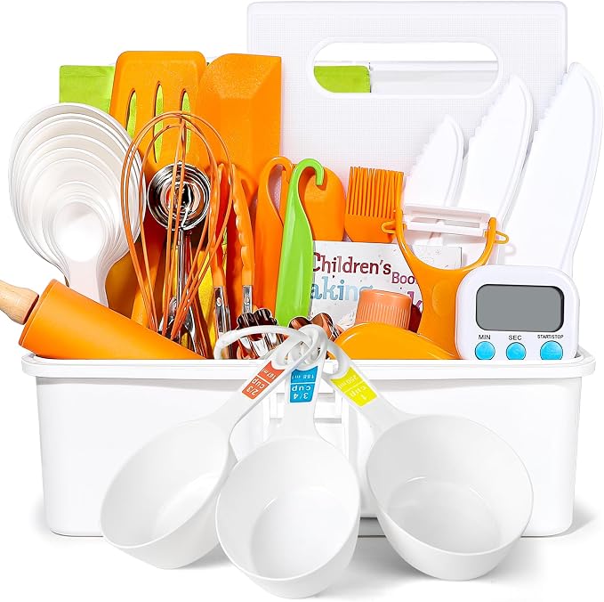 Kids Cooking Sets Real, Kids Cooking and Baking Gift Set with Storage Case Timer Kid Safe Knives Cutting Board, Toddler Real Kitchen Accessories, Birthday Gifts for Girls Boys Age 3 - 8