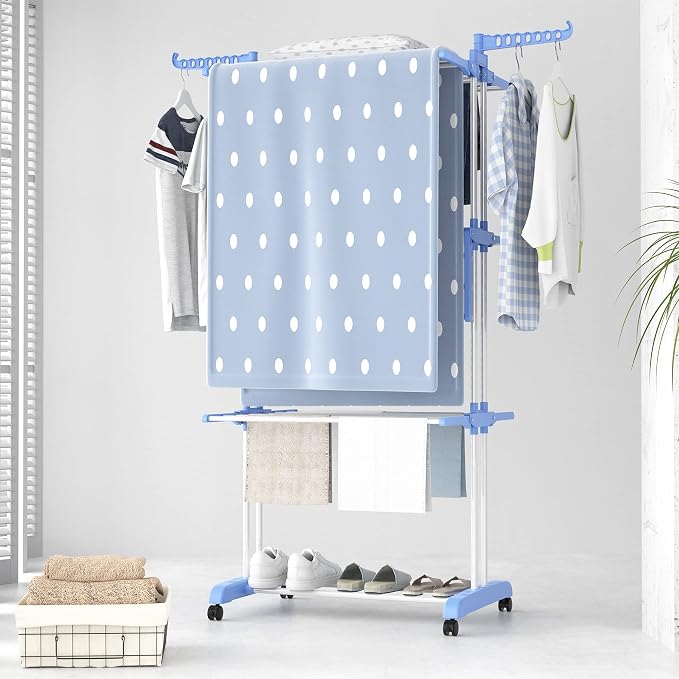 HOMIDEC Clothes Drying Rack, 4-Tier(67.7" H) Foldable Drying Rack Clothing | Foldable Stainless Steel Drying Rack, Movable Laundry Drying Rack with 4 Castors and 14 Hooks for Bed Linen, Clothing, Blue