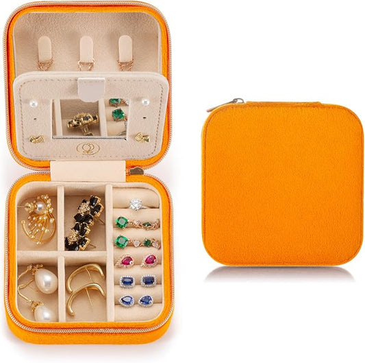 TRODANCE Plush Velvet Travel Jewelry Case Organizer, Small Travel Jewelry Box,Portable Jewelry Box Travel Mini Organizer Portable Display Storage Box For Rings Earrings Necklaces (Orange)