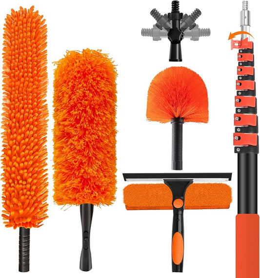36FT High Reach Duster with Extension Pole 5-30FT, 4-in-1 Cleaning Kit with Universal Swivel Joint, High Ceiling Fan Cleaner Duster, Cobweb Duster, Microfiber Feather Duster and Window Squeegee