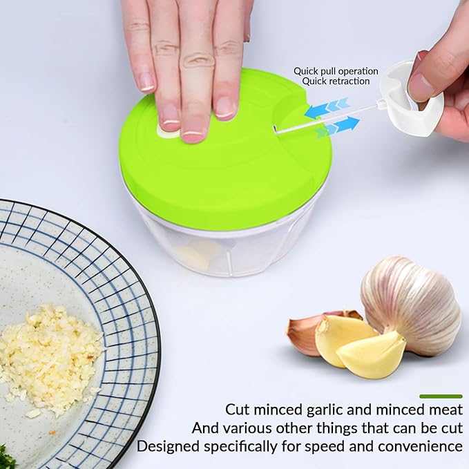 Manual Garlic Chopper Mincer,Food Processor Vegetable Chopper, Portable Hand Pull String Garlic Mincer Onion Cutter for Veggies, Fruits, Nuts, Herbs (green)