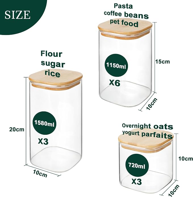 LIBWYS 12-Pack Glass Pantry Storage Containers with Bamboo Lids (0.76Qt/1.22Qt/1.67Qt) - Stackable Square Food Jars for Pantry Organization, Coffee, Flour, Snacks, Tea | Kitchen Canisters Set