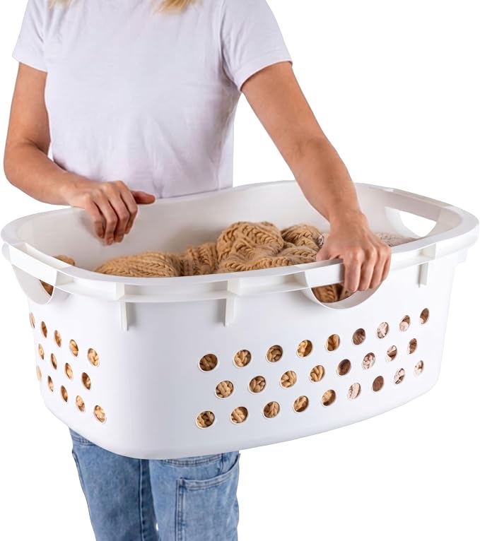 IRIS USA Laundry Basket, 51L Plastic Hip Hold Hamper, 4 Pack, 1.5 Bushel | Comfortable hip-hold handles and ventilated design make transporting clothes, towels, and linens easier.