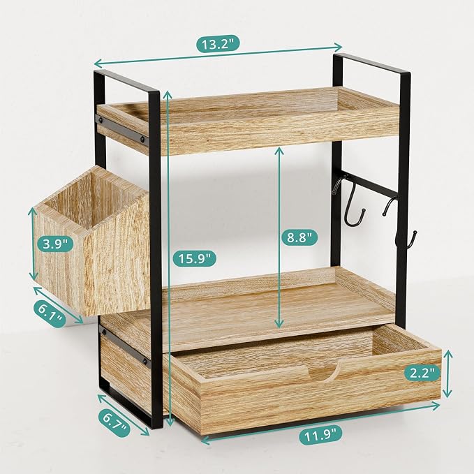 Kottwca 2-Tier Bathroom Counter Organizer with Drawer, Basket & Hooks, Wooden Vanity Shelf for Skincare, Perfume & Makeup Storage(Light Brown)
