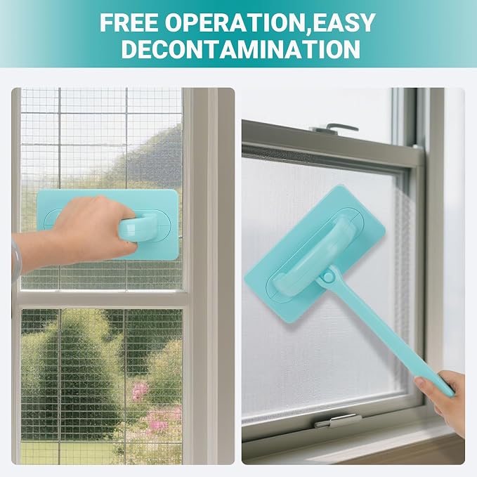 Window Screen Cleaner, Mesh Screen Cleaning Brush Kit with Track Brush | Complete kit: 7.1" bristle brush for screens, 3 groove brushes for tracks, 6 reusable pads, 14.8" handle. Wet/dry dual-use