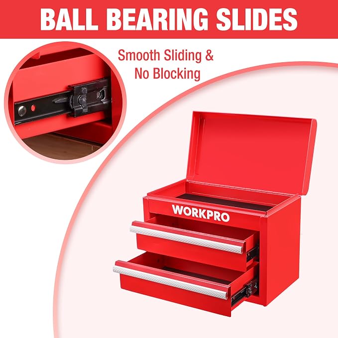 WORKPRO Metal Mini Tool Box with 2 Drawers and Top Storage | Cold Rolled Steel Toolbox, Ball Bearing Slides, PVC Drawer Liners, PP Feet Pads, Durable Storage