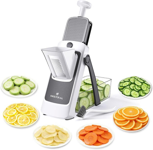 ONCE FOR ALL Safe Mandoline Slicer For Kitchen, AdjustableThickness 0.1-8 mm Professional Vegetable Slicer For Food, Fruit Slices, Potato Chips, Fast Meal Prep (4th Gen Gray)