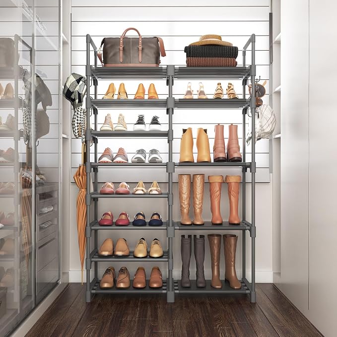 ROJASOP Shoe Rack, Shoe Storage Organizer for Closet Entryway Garage Bedroom, 8 Tier Tall Metal Shoe Shelf for 26-32 Pairs Boots & Shoes, Adjustable Shoe Stand for Small Space