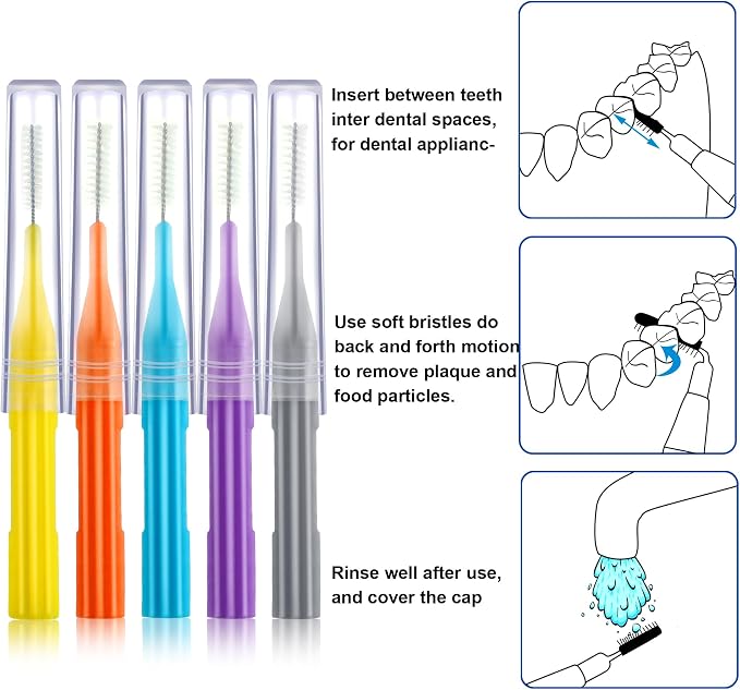 Patelai 100 Count Interdental Brush Set, Soft Braces Cleaner Picks with Cap, Multi Size Teeth Gap Cleaning Tool for Orthodontic Care Bridge Implant Travel Kit(Orange,Yellow, Light Blue, Purple, Grey)