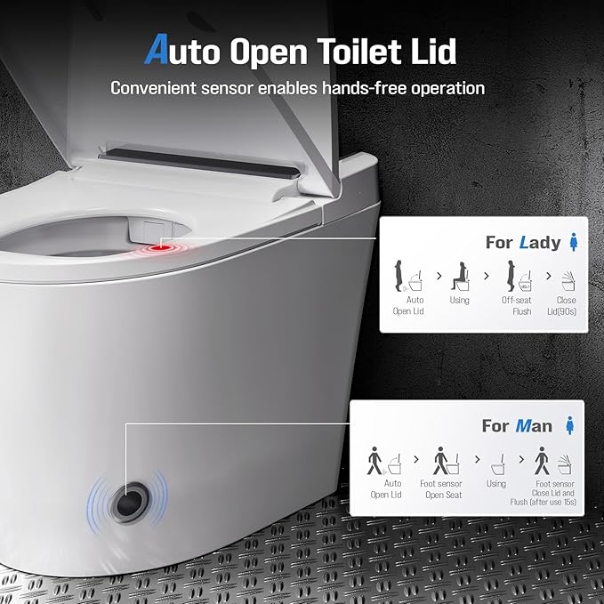 Electric Smart Toilet with Bidet Built In, Tankless Modern Elongated One Piece Design, Foot Sensor & Dual Auto Flush, Heated Seat, Warm Water, Air Dryer, 1000g MaP Flush, 1.28 GPF
