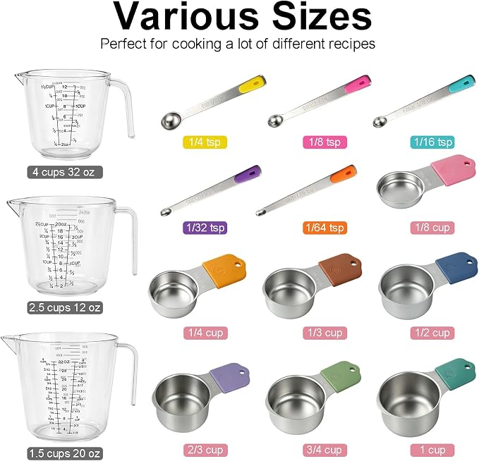 Stainless Steel Measuring Cups and Spoons Set, 7 Magnetic Measuring Cups, 5 Metal Measuring Teaspoons, 3 Plastic Measuring Cups for Kitchen Cooking & Baking, Dry & Liquid Ingredients