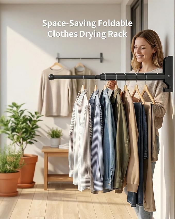 BaiNong Pull Out Wall Mounted Clothes Drying Rack Black 13" Foldable | Laundry and Drying Solutions for Small Spaces Easy to Install