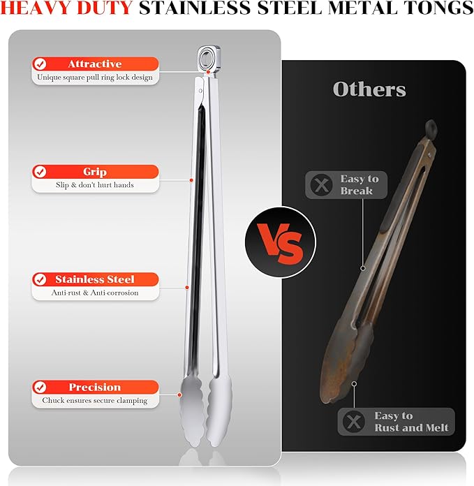 Grill Tongs - 17 Inch Extra Long BBQ Tongs, Heat Resistant Stainless Steel Kitchen Tong, Heavy Duty Metal Locking Tong for Cooking, Grilling, BBQ/Barbecue, Food (All Metal - 17")
