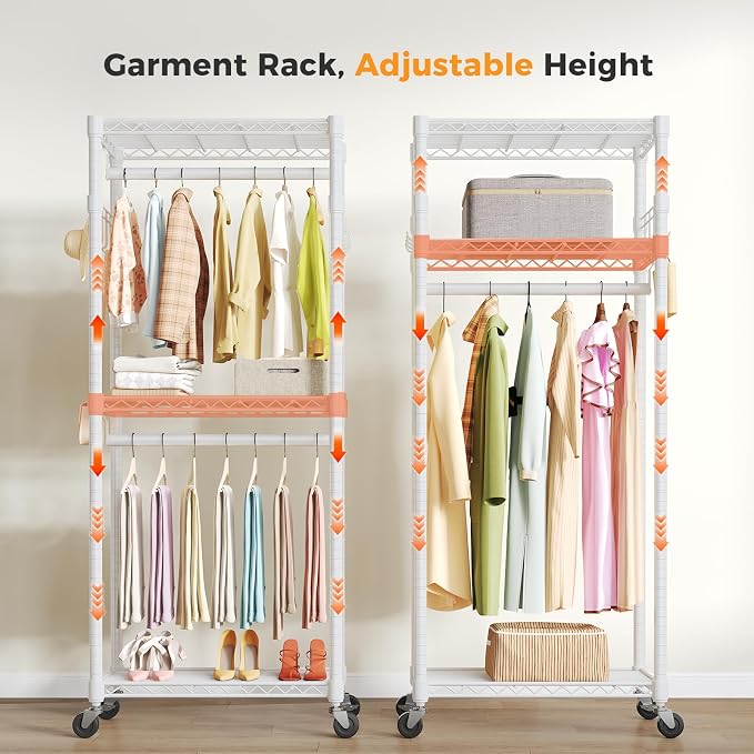 NEWBULIG Heavy Duty Clothing Rack with Wheels, 3-Tier Adjustable Wire Garment Rack, Metal Freestanding Closet Organizer System with Double Hanging Rods & 8 Side Hooks, 29" x 15" x 75", White