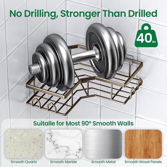 Adhesive Shower Caddy, 6 Pack Corner Bath Organizer, Rustproof Stainless Steel Shower Shelves with Large Capacity, No Drilling Shelves for Bathroom Storage, Home, Kitchen Decor (Brown).