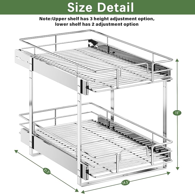 LOVMOR 2 Tier Individual Pull Out Cabinet Organizer 14½" W x 21½" D, Slide Out Kitchen Cabinet Storage Sliding Shelves