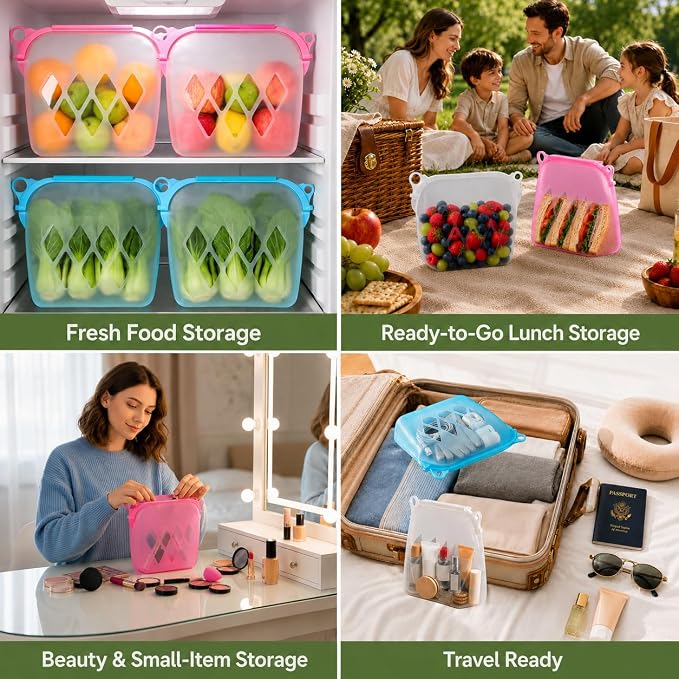 Yosmer Reusable Silicone Food Storage Bag, 50oz/1500ml Food-Grade Silicone Stand-Up Bag with Magnetic Self-Sealing Opening, Clear Windows, Freezer & Dishwasher Safe, Pink, 1 Pack
