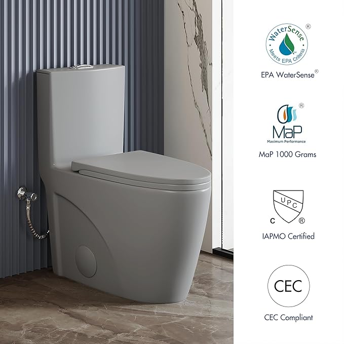 Eridanus Elongated One Piece Toilet with Powerful Siphon Dual Flush 1.1/1.6 GPF, 12" Rough-In Modern Bathroom Toilets with Comfort Soft Closing Seat Height 17", ADA Compliant Bowl, Light Gray